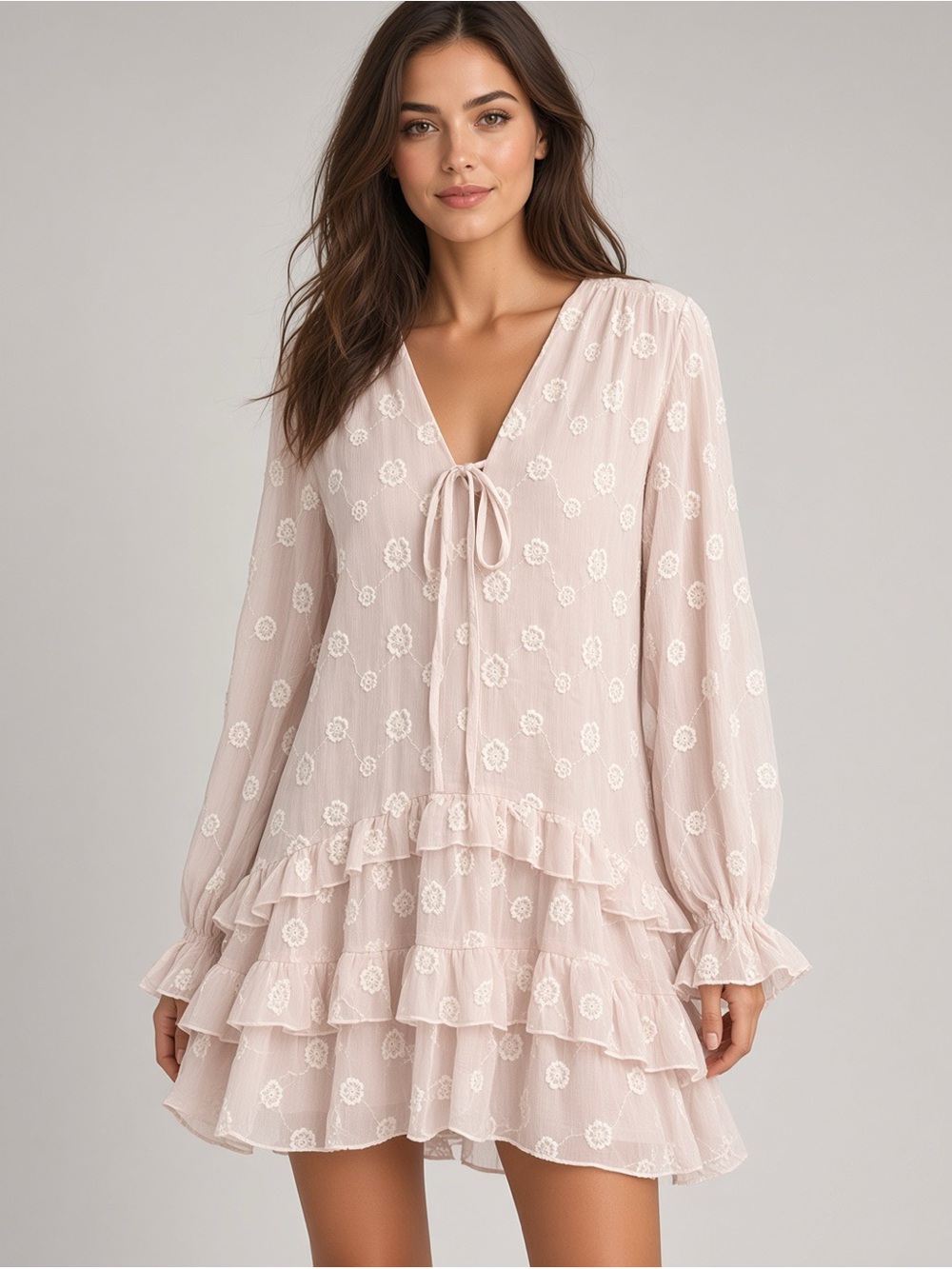 Reserved Light Pink Ruffle Tiered V-Neck Dress XS NWT
